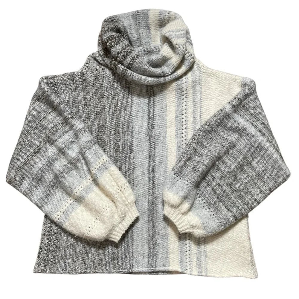 Fate Gray, Blue, & Ivory Cowl Neck Sweater Balloon Sleeves Mohair Alpaca Blend‎